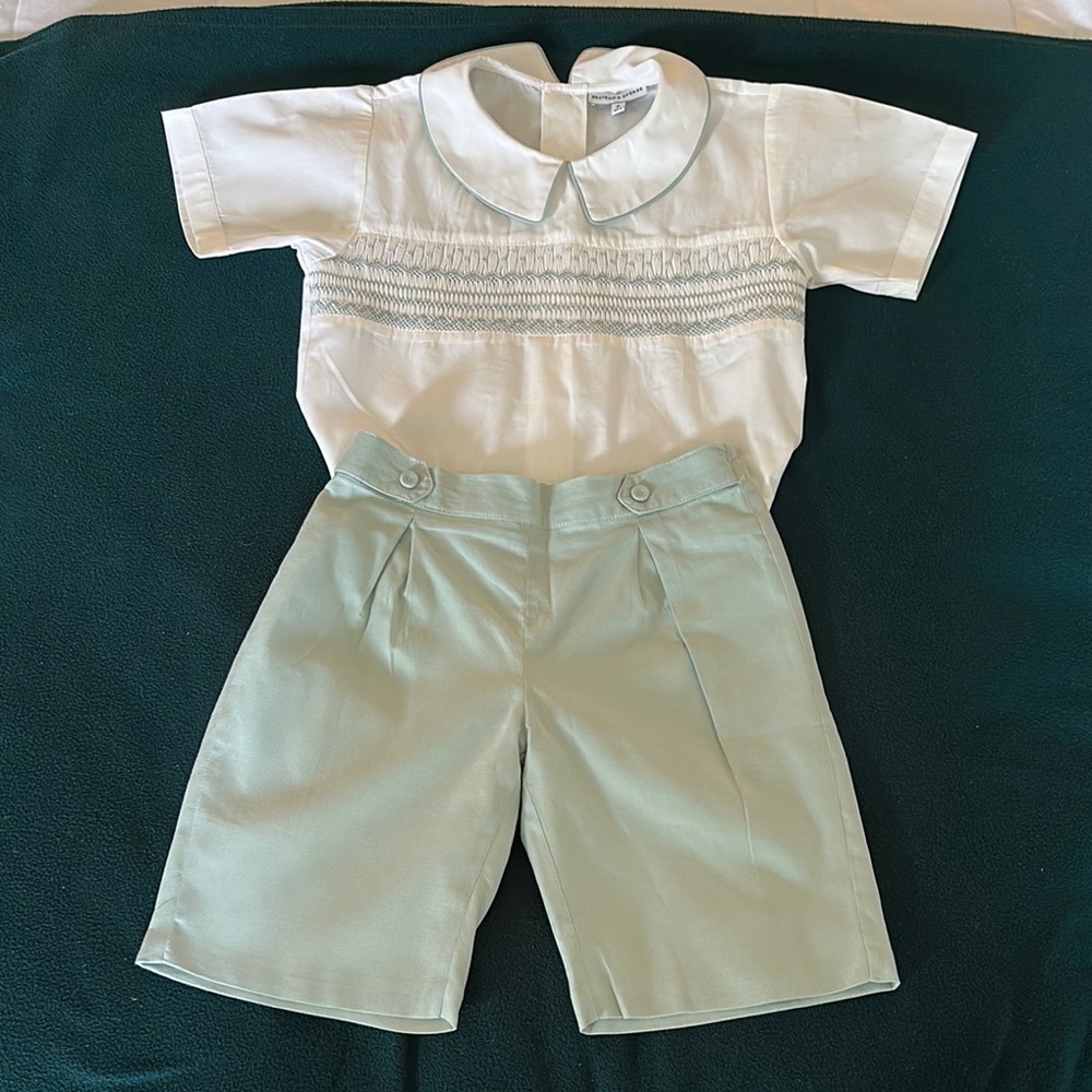 Boy’s White and Light Green Hand-Smocked Cotton Buster Suit